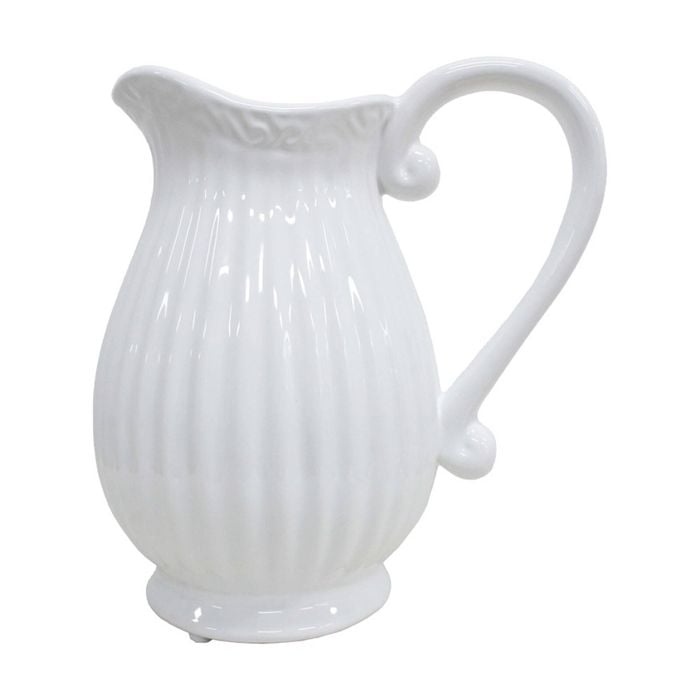 Lvd Provincial Ceramic Ribbed Jug/vase Home/garden Decor 20x20x15cm White