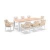 Balmoral 2.5m Outdoor Teak Top Aluminium Table White With 8 Hugo Rope Chairs & Cream Rope/Cream Cushions