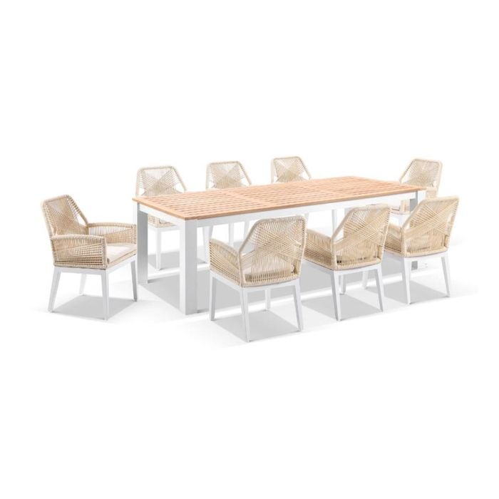 Balmoral 2.5m Outdoor Teak Top Aluminium Table White With 8 Hugo Rope Chairs & Cream Rope/Cream Cushions