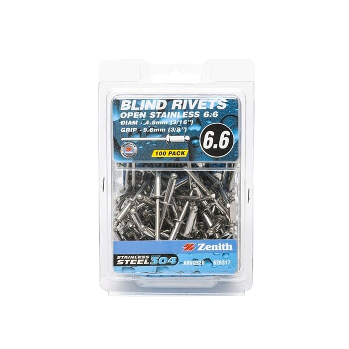 Zenith Blind Rivet Open 304SS 3/16"D x 3/8"G 100pk