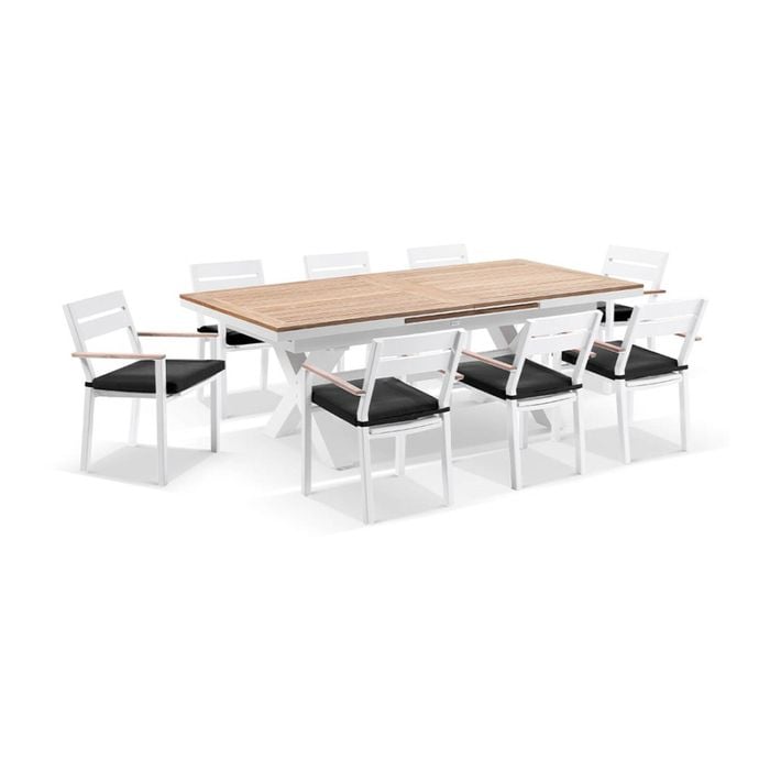 Bay Gallery Furnitire Austin Table 10 Capri Chairs White & Denim Grey Cushions