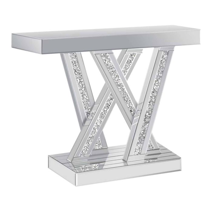 P&P Mirrored Console Table with Glass Top and Diamond Inlay for Modern Entryway Furniture