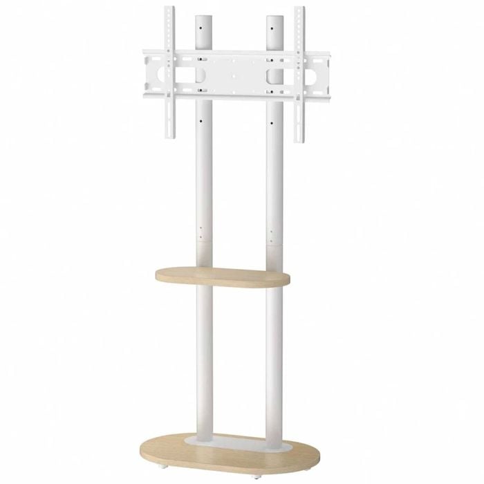 P&P White And Natural Wood Freestanding TV Stand With Adjustable Height And Concealed Wheels