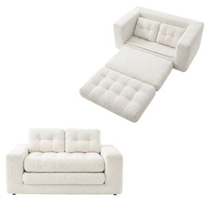 Ufurniture 142cm Convertible 2 Seater Sofa Bed w/ 2 Pillow Boneless Corduroy Loveseat Floor Sleeper Sofa Beige