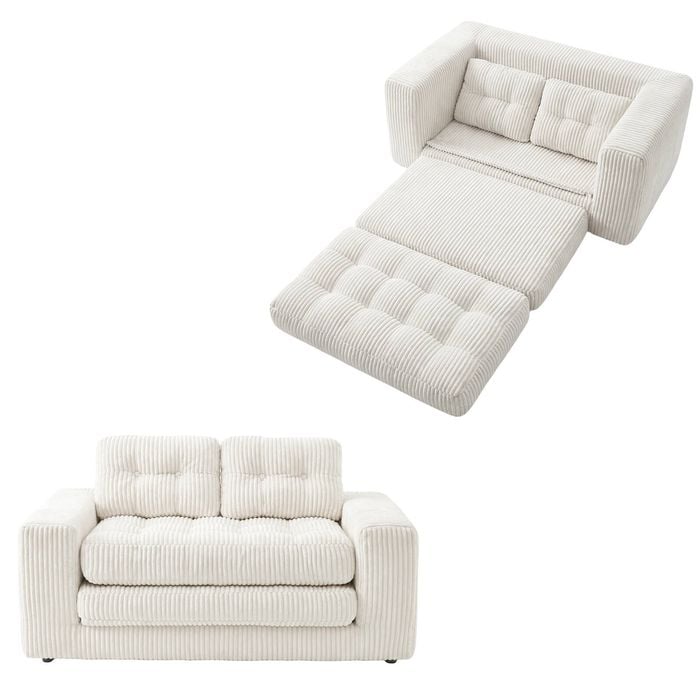 Ufurniture 142cm Convertible 2 Seater Sofa Bed w/ 2 Pillow Boneless Corduroy Loveseat Floor Sleeper Sofa Beige