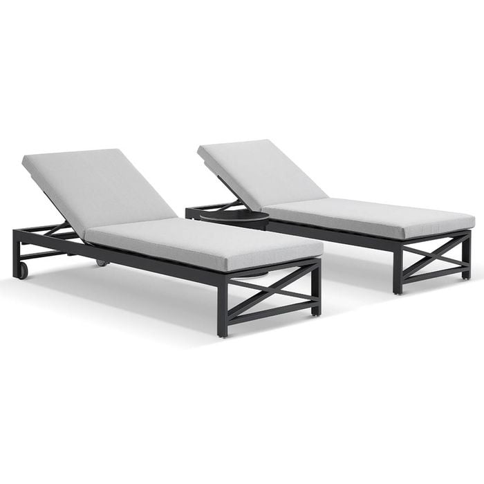 Kansas Outdoor Aluminium Sun Lounge Set On Wheels Charcoal With Hugo Side Table & Olefin Grey Cushions