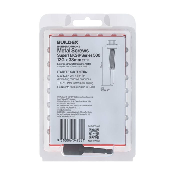 Buildex 12G x 38mm Class 3 Galvanised SuperTEKS® Series 500 Screws with ...