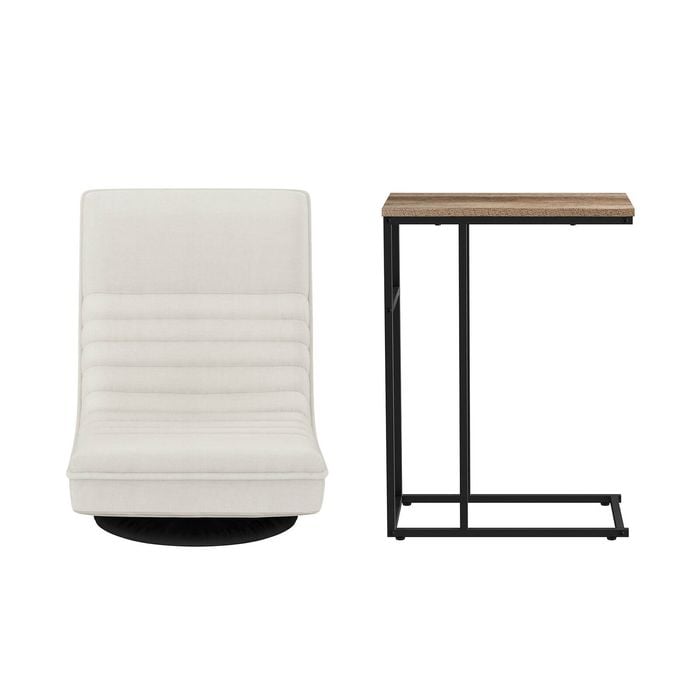 Artiss Floor Lounge & Coffee Table Set, Swviel Foldable Sofa Chair White, C-shaped Side Table Walnut