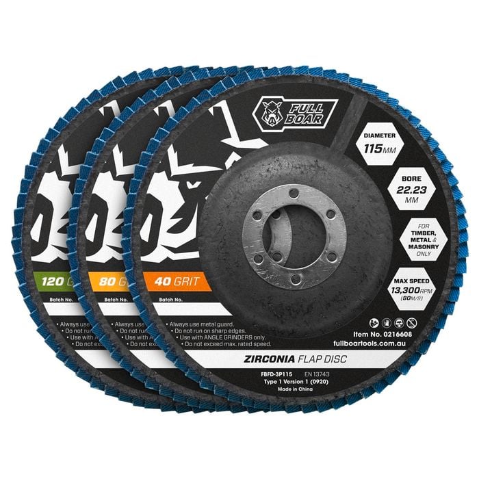 Full Boar 115mm 40 80 120 Grit Zirconia Flap Disc - 3 Pack