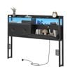 Advwin Double Size Headboard with LED Light Charging Station Hidden Storage PU Upholstered Black