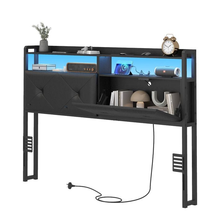 Advwin Double Size Headboard with LED Light Charging Station Hidden Storage PU Upholstered Black
