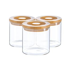 Argon Tableware 3 Piece Glass Jar With Wooden Lid Storage Container Set - Round Scandinavian Style Canister - 550ml