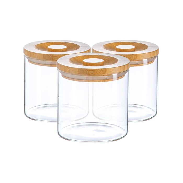 Argon Tableware 3 Piece Glass Jar With Wooden Lid Storage Container Set - Round Scandinavian Style Canister - 550ml