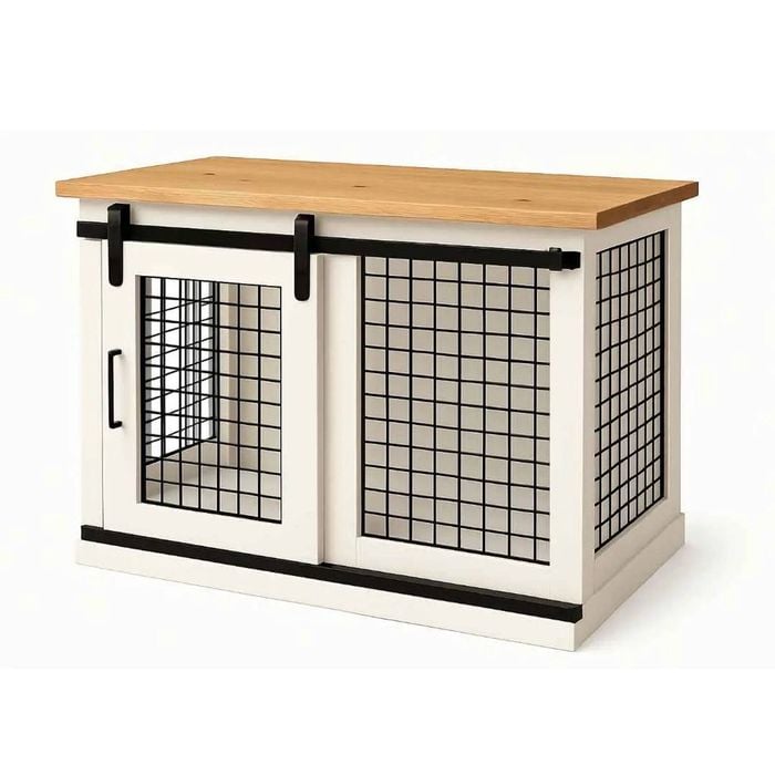 Paws and Willow Single Arctic White with Natural Top Wooden Dog Crate Barn Doors with Mesh