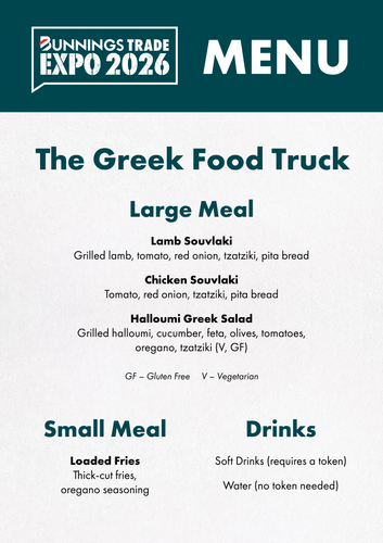 Trade Expo Wellington Menu