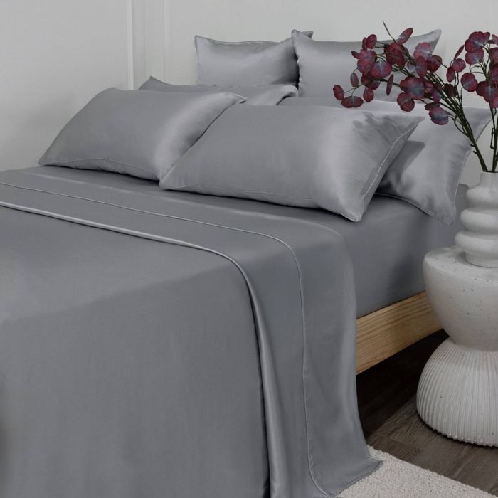 Bedding Co. Flat Sheet 100% Mulberry Silk 22 Momme Silver Grey Queen