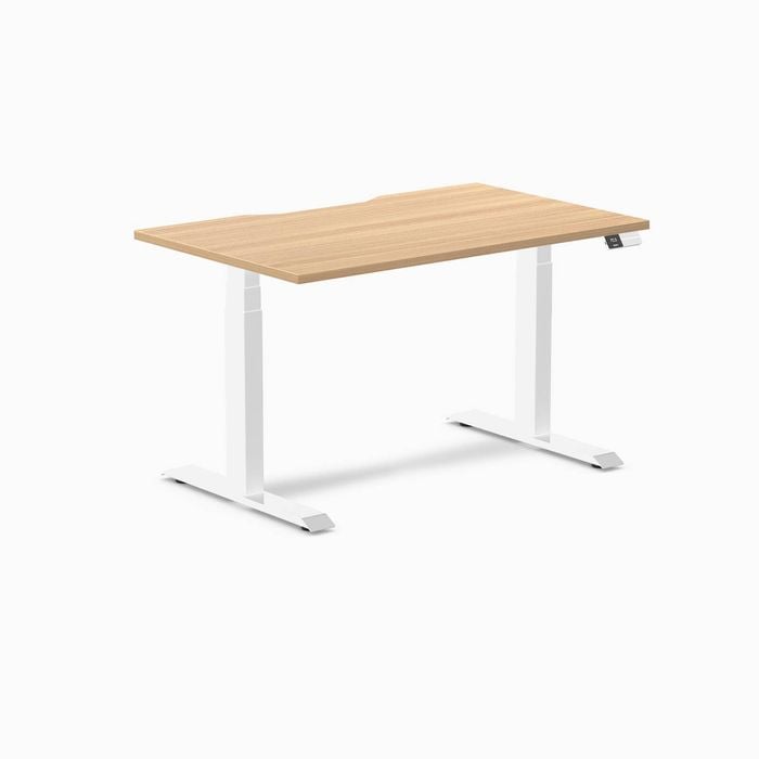 Desky Dual Sublime Teak Scalloped Melamine Sit Stand Desk 120x75cm White Frame Leg