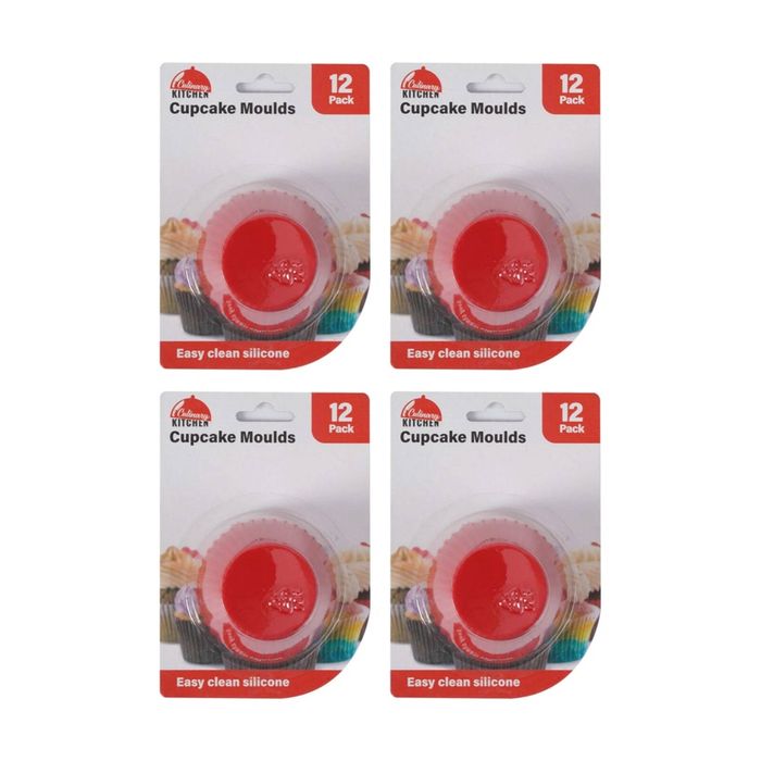 4x 12pc Culinary Kitchen Non-Stick Silicone Cupcake Muffin Mould Set Red
