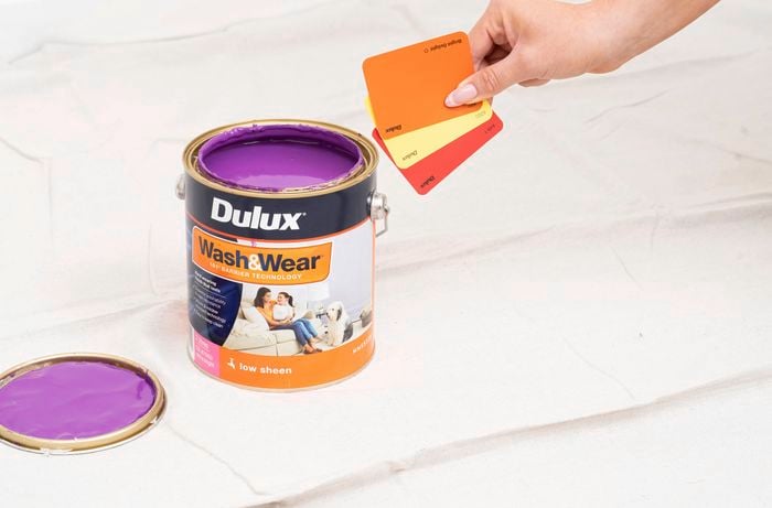 A tin of Dulux Wash&Wear purple paint beside colour swatches used to choose a scallop colour. 