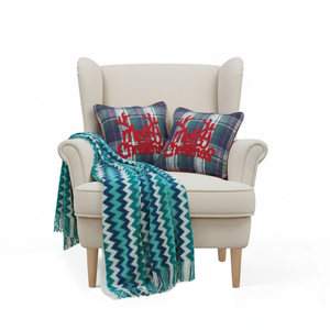 SOGA Christmas Bundle – 2 Multicolor Plaid Antler Pillow & Blue Zigzag Knitted Throw Blanket