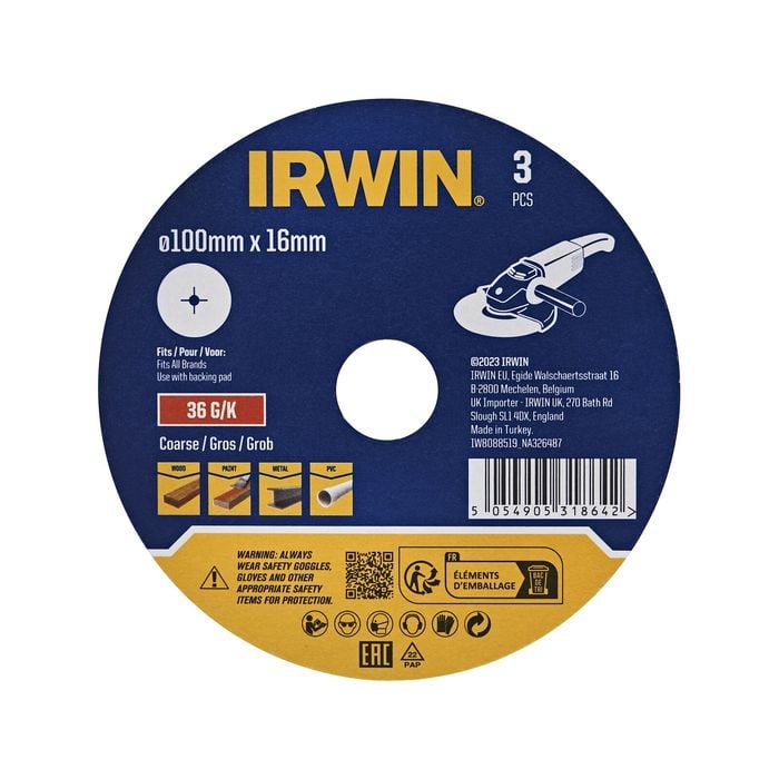 IRWIN 100mm 36 Grit Fibre Sanding Disc - 3 Pack
