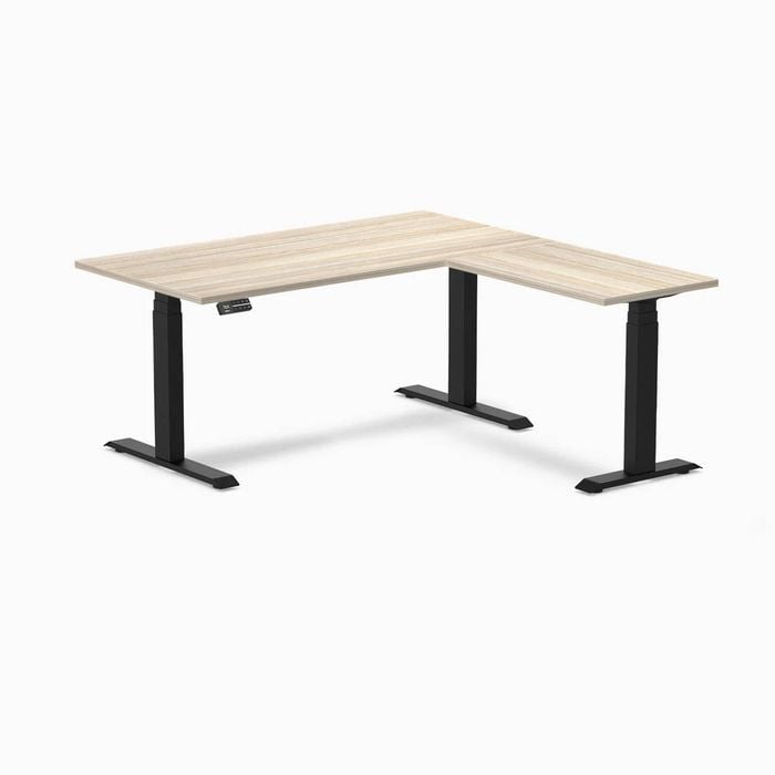 Desky Eco L-Shape Sit to Stand Classic Oak Melamine Desk 150x155cm Left Return Matte Black Height Adjustable Leg