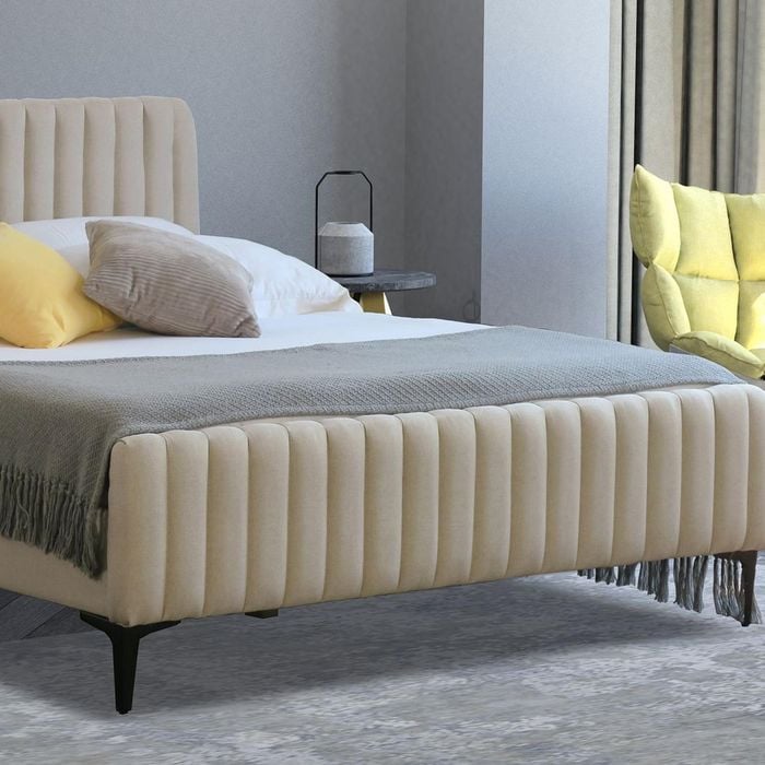 Istyle Modern Classic Alissa King Single Fabric Bed Frame White Oak with Black Legs