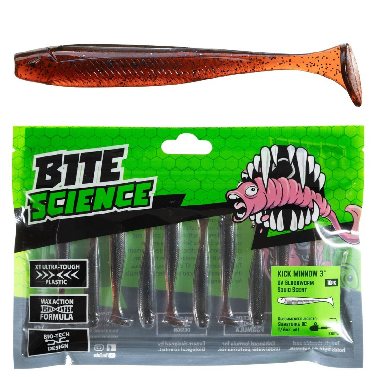 10 Pack of 3 Inch Bite Science Kick Minnow Soft Plastic Lures - UV ...