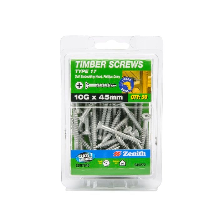 Zenith 10g x 45mm Galvanised Countersunk Ribbed Head Type 17 Timber Screws - 50 Pack