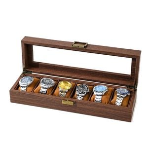 Catzon Watch Box Organizer Retro Wood Grain Watch Display Case With Glass Top-6slot