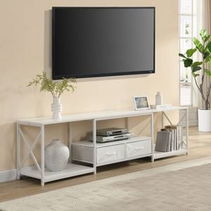 Homfurn TV Unit With Fabric Drawers, Entertainment Unit With Open Shelves, White