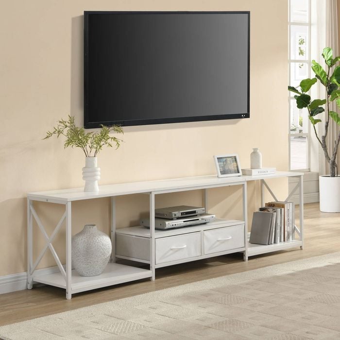 Homfurn TV Unit With Fabric Drawers, Entertainment Unit With Open Shelves, White
