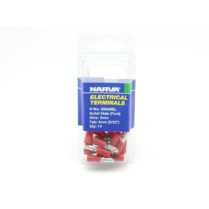 Narva 2.5-3mm / 4mm (5/32") Red Double Crimped Flared Vinyl Insulated Male Bullet Terminal - 14 Pack
