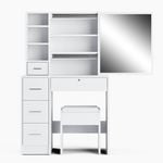 Advwin Dressing Table Stool Set Makeup Slide Mirror Dresser Vanity Desk with Hidden Storage Lockable Drawer White