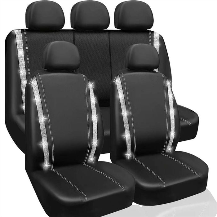 Catzon Car Seat Covers Full Set Shining Diamond Faux Leather Universal For Suvs Pickup-white