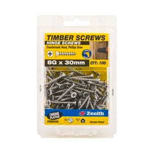 Zenith 8G x 30mm Chrome Plated Countersunk Head Hinge Timber Screws - 100 Pack