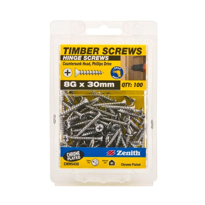 Zenith 8G x 30mm Chrome Plated Countersunk Head Hinge Timber Screws - 100 Pack