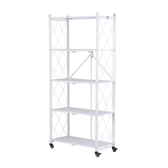 Artiss 5-Tier Foldable Kitchen Bakers Rack 71x34x160cm Metal Microwave Stand with Wheels White