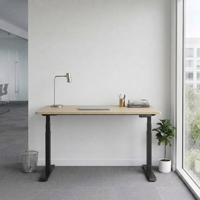 OLG Klass Black Frame New Oak Ravine Top Scallop Height Adjustable Desk L1800mm x W750mm