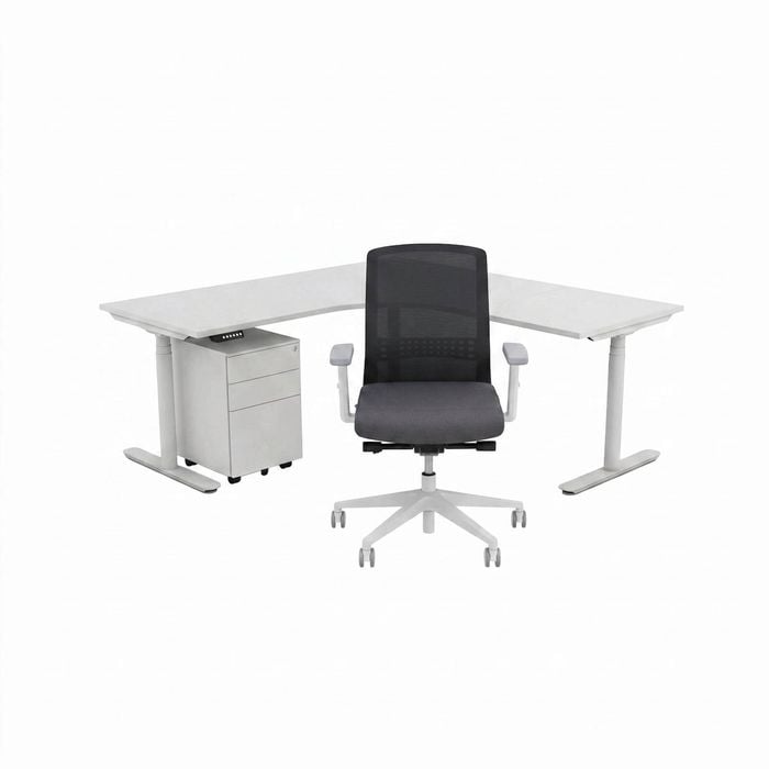 Olg Premium Corner Office Bundle: Agile Motion Plus 1800x1800 Left Sit-stand Desk + Motion Sync Chair + Tempo Pedestal White