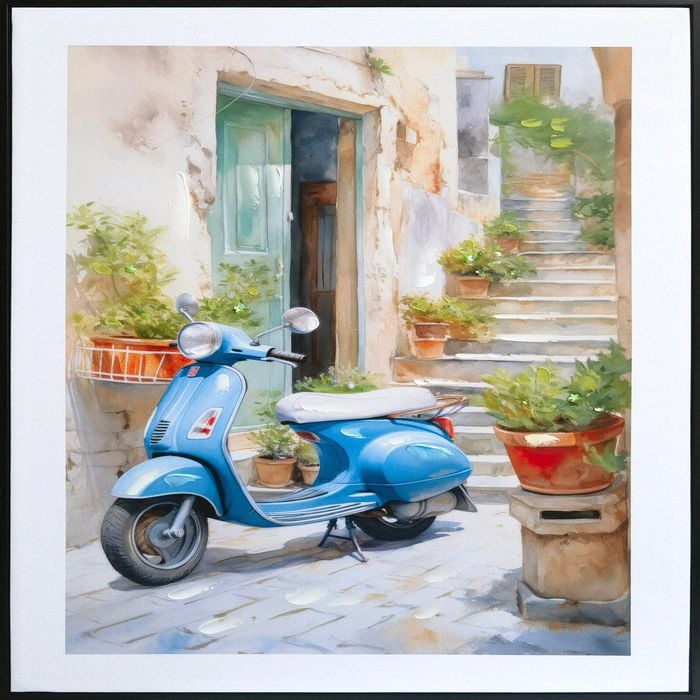 P&P Vintage Blue Vespa Iconic Canvas Art - Black Frame 62x92x4cm