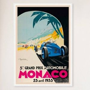 Galrie Monaco Grand Prix 1933 Vintage Racing Poster - Perfect for Home Decor, White Frame, A0 84 x 119cm (33 x 47inch)
