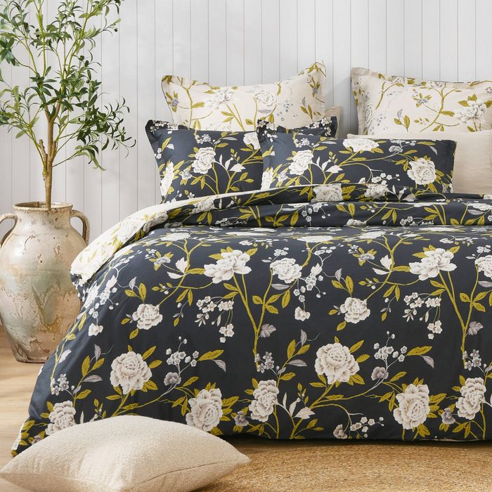 Dreamaker Midnight Peony Cotton Reversible Quilt Cover Set Double Bed