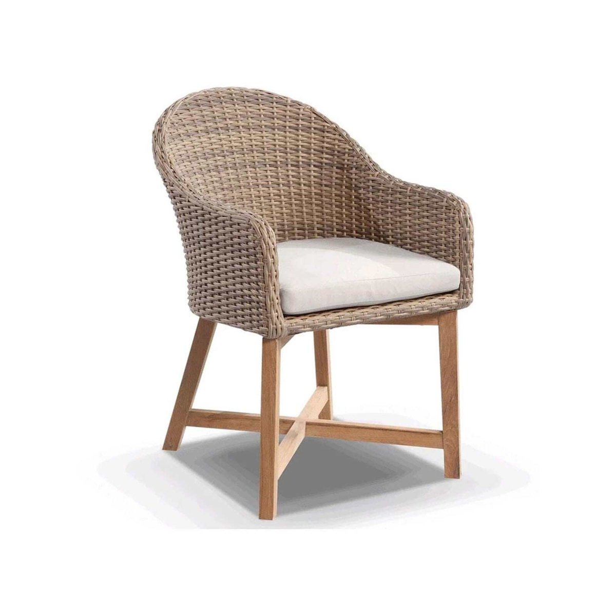 Coastal Outdoor Wicker Dining Chair With Teak Timber Legs Brushed Wheat Cream cushions Bunnings Australia
