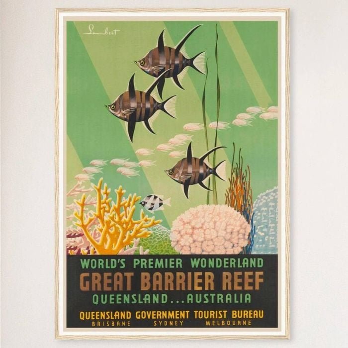 Galrie Vintage Great Barrier Reef Travel Poster from Queensland Australia Artwork, Wood Frame, A2 42 x 60cm (16 x 24inch)