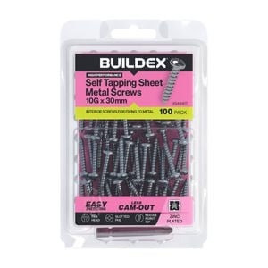 Buildex 10G x 30mm Zinc Plated Self Tapping Sheet Metal Screws - 100 Pack