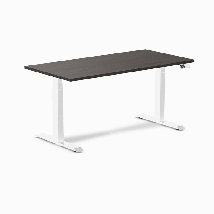 Desky Dual Sit to Stand Burnished Wood Melamine Desk 150x75cm White Height Adjustable Legs