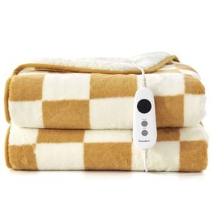 Dreamaker Checkered Plush Reversible Sherpa Washable Electric Heated Throw Blanket Chai & Cream - 180 X 200cm | 9 Heat Settings
