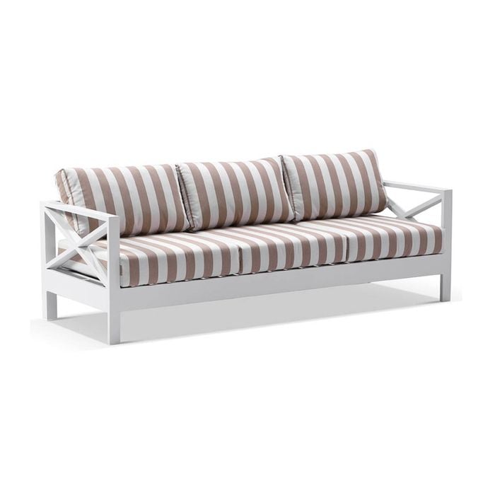 Kansas 3 seater Outdoor Aluminium Lounge in Sunbrella White & Maxim Heather Beige Cushions