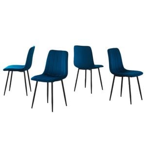 BRIBRION x4 Dining Chairs with Black Metal Legs Upholstered Velvet Seats Channel Back Modern Kitchen Blue
